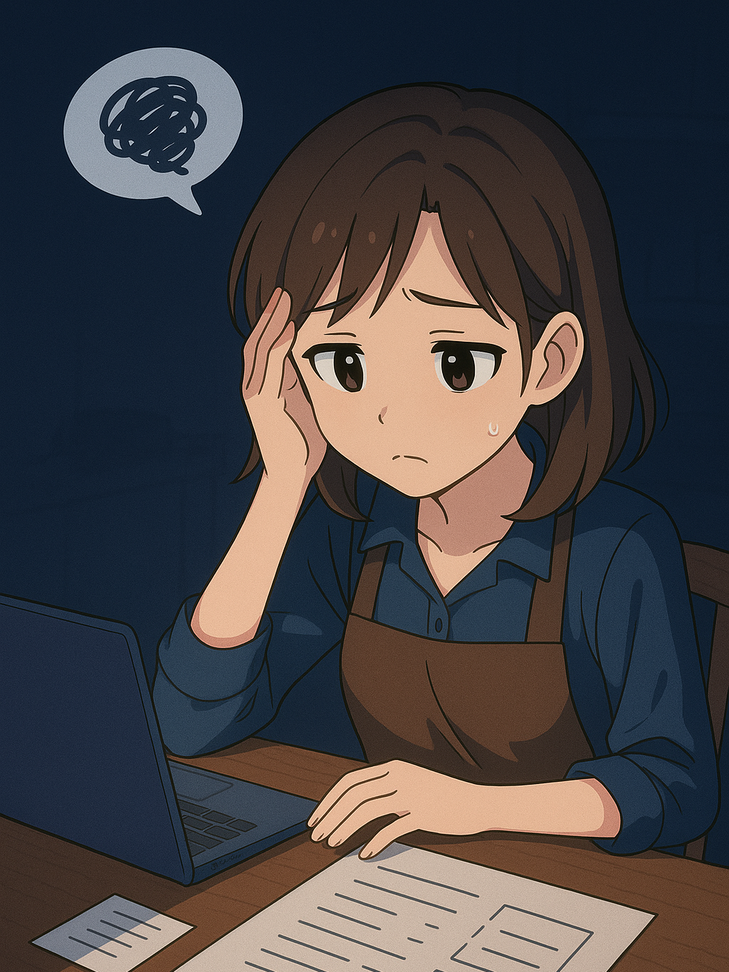 チラシづくりに悩んでいるカフェのオーナー(女性)